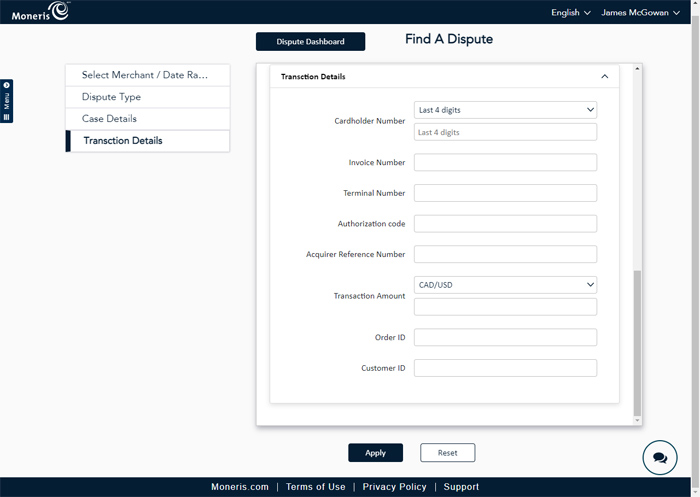 The Transaction Details section of the Find a Dispute page enables you to enter transaction details to help narrow your search for disputed transactions